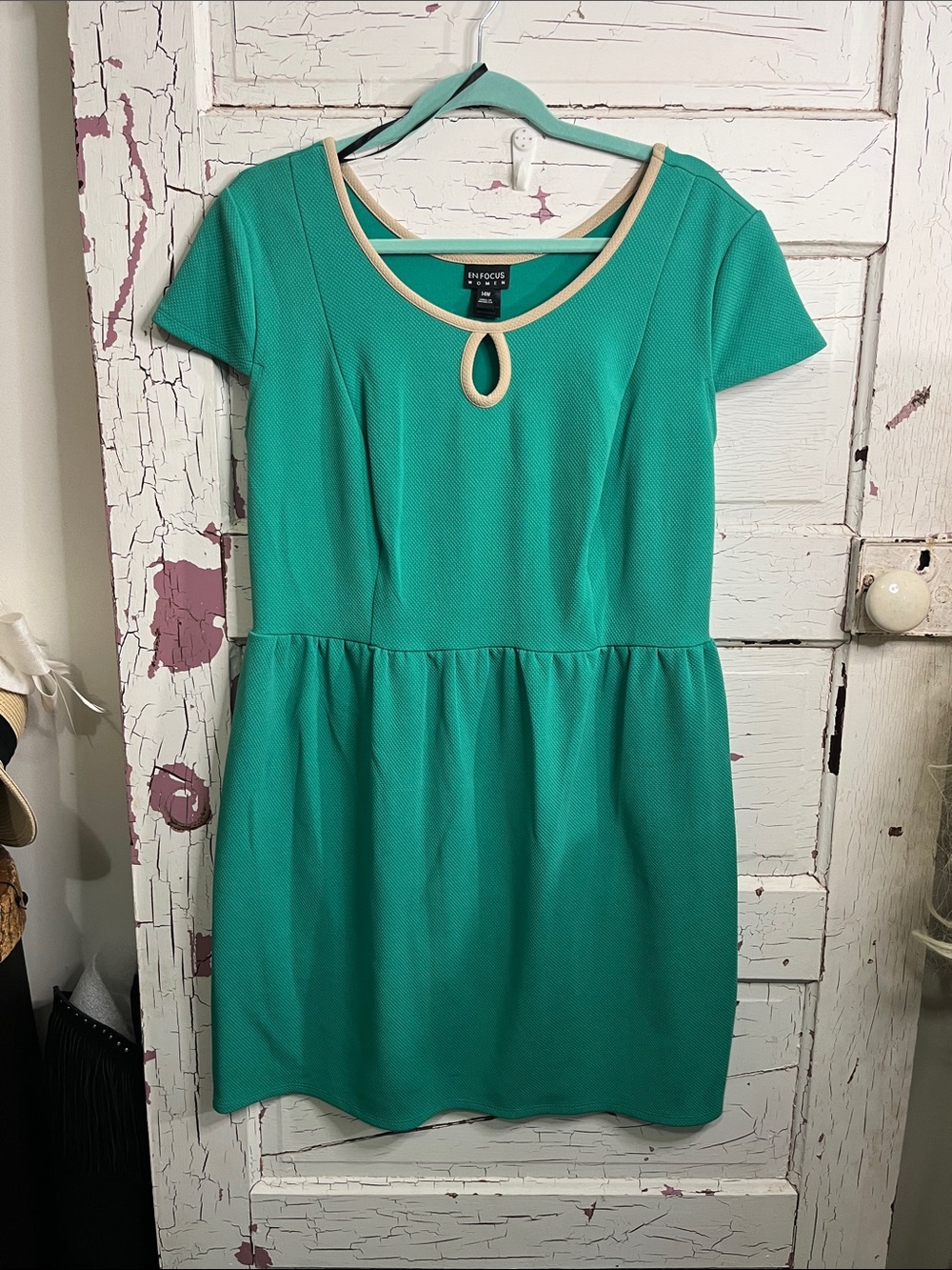 Enfocus Studio Teal Short-Sleeve Keyhole Dress Cream Trim Sz 14W Waffle Knit